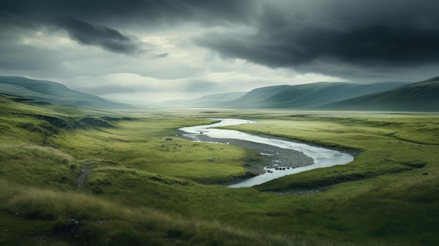 Une photo d'une prairie avec un ciel couvert d'une rivière sinueuse