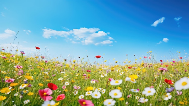 Une photo d'une prairie avec des fleurs sauvages, un ciel bleu clair