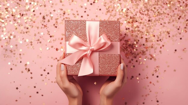 Photo en première personne de mains féminines attachant un nœud à ruban rose sur une boîte à cadeaux en papier artisanal