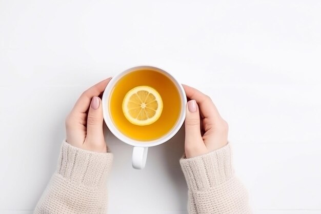 Photo en première personne de mains féminines en pull jaune touchant une tasse de thé blanche avec du citron