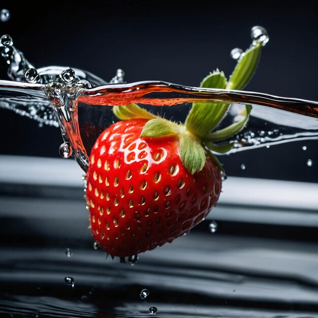 Photo photo premium fruit de fraise rouge mûr éclaboussé avec de l'eau frais modèle de publicité d'arrière-plan