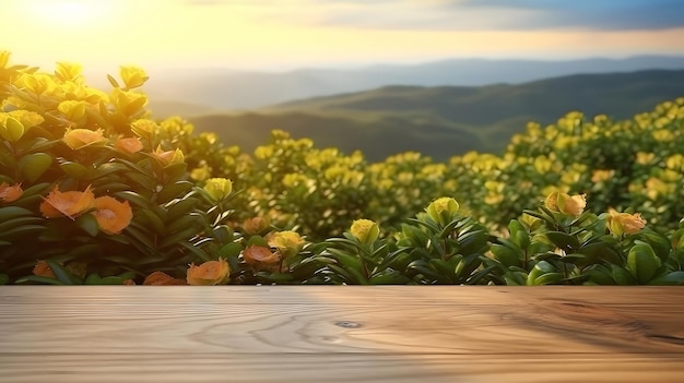 Photo Premium de plateau en bois avec de beaux paysages de fleurs et de nature