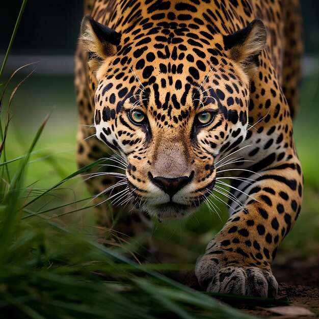 Photo une photo de près d'un jaguar dans l'herbe