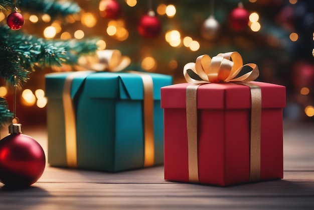 photo présente des coffrets cadeaux devant l'arbre de Noël fond de cadeau de Noël