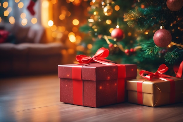 photo présente des coffrets cadeaux devant l'arbre de Noël fond de cadeau de Noël