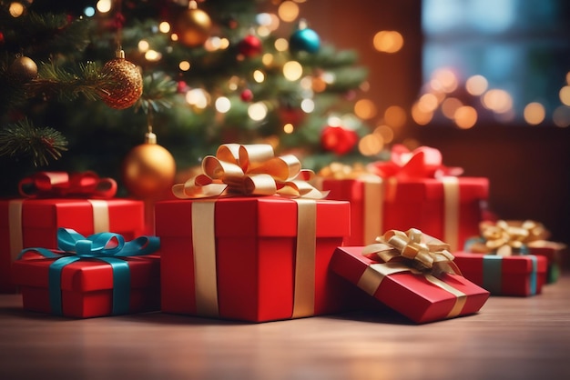 photo présente des coffrets cadeaux devant l'arbre de Noël fond de cadeau de Noël