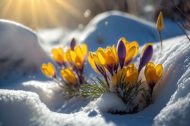 Photo printanière de crocus jaunes sous la neige sous les rayons du soleilLa beauté de la nature Generative AI