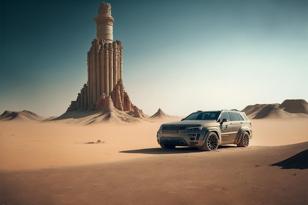 Une photo prise du côté du véhicule dans l'IA générative du désert