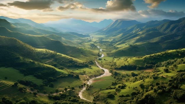 Une photo prise du haut d'une montagne surplombant une vallée luxuriante Créé avec Generative AI