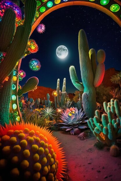 Photo prise du planteur de cactus avec la pleine lune en arrière-plan ai générative