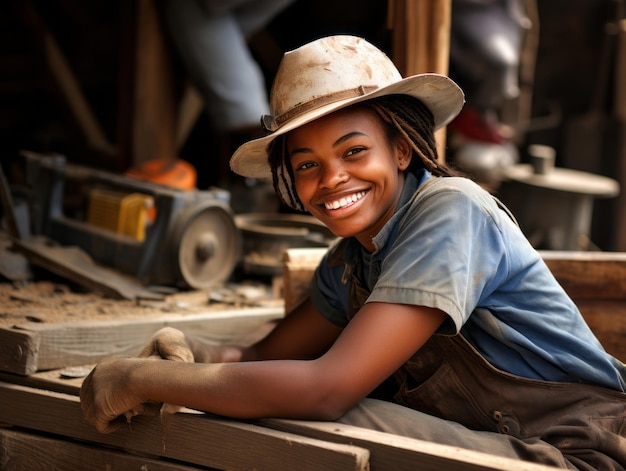 photo prise d'une femme naturelle travaillant comme ouvrier du bâtiment