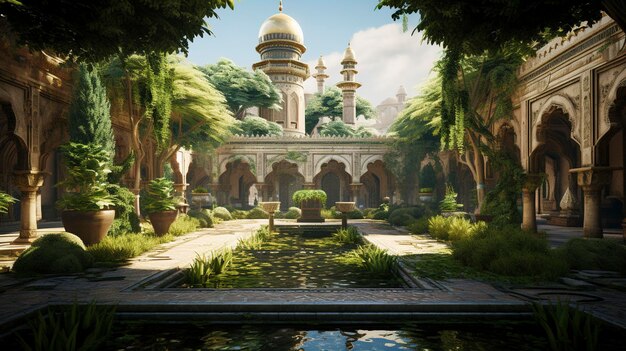 Une photo d'une prise de vue hyper détaillée d'une cour paisible dans une mosquée