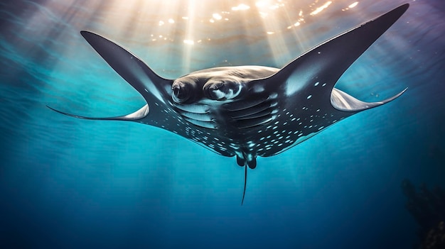 Une photo avec une prise de vue hyper détaillée d'une manta ray glissant gracieusement à travers l'océan