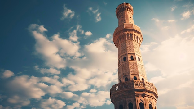 Une photo d'une prise de vue hyper détaillée d'un minaret islamique traditionnel s'élevant contre le ciel