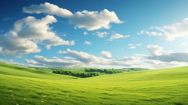 Une photo d'une prise de vue hyper détaillée d'une prairie de campagne sereine avec des collines vertes vallonnées