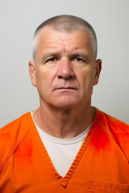 Une photo de prison d'un homme d'âge moyen en combinaison orange