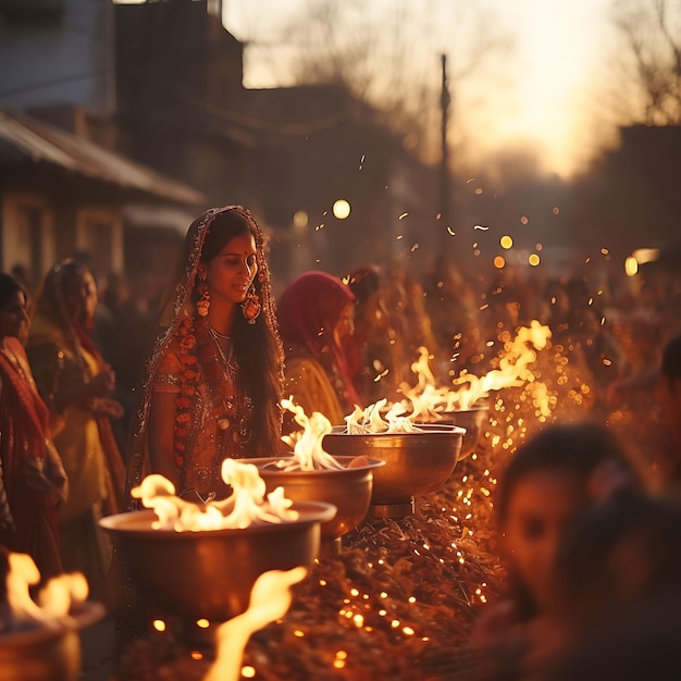 Photo de la procession de Lohri avec des gens portant des pots décoratifs remplis Lohri Concept du festival indien