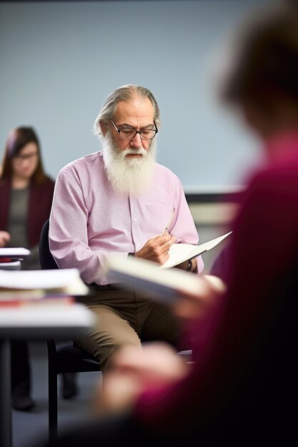 Photo d'un professeur d'université lisant un manuel en classe créé avec une IA générative