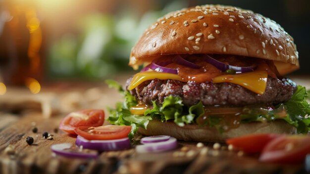 Une photo professionnelle d'un délicieux hamburger à la viande sur un fond noir