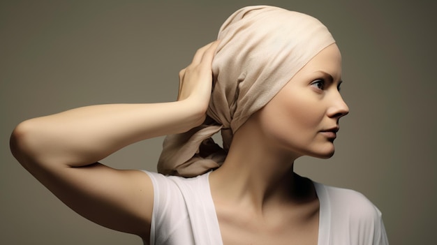 photo professionnelle d'une femme chauve avec un foulard noué autour de la tête