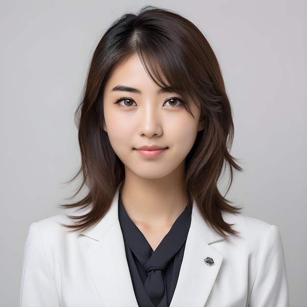 Une photo professionnelle d'une jeune fille japonaise de 20 ans en tenue d'affaires.