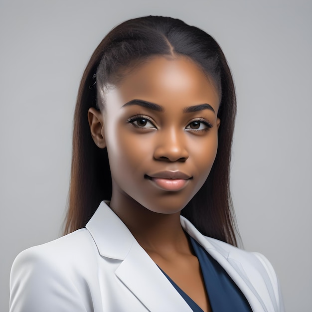 Une photo professionnelle d'une jeune fille nigériane de 19 ans avec une posture confiante, un fond clair.