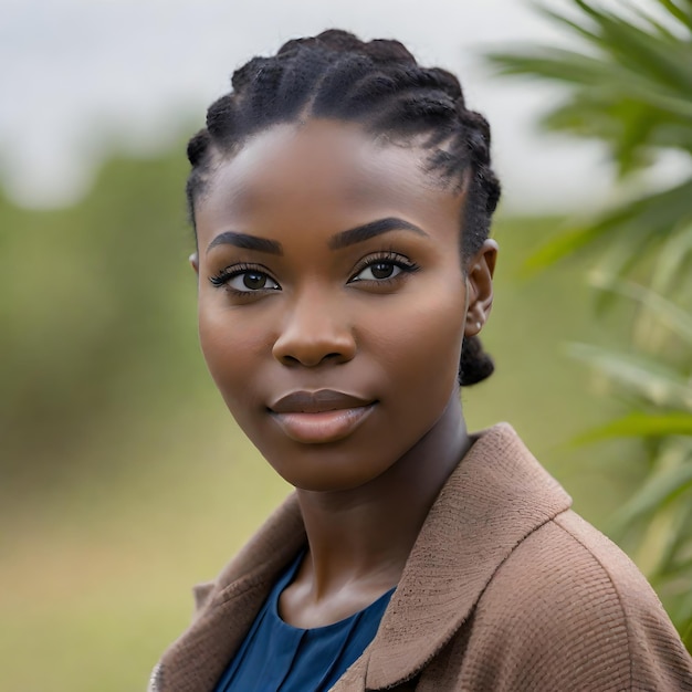 Une photo professionnelle d'une jeune fille nigériane de 19 ans avec une posture confiante.