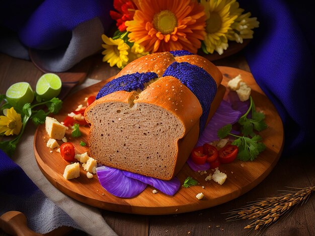 Photo professionnelle d'un pain de blé parfaitement plaqué avec des couleurs vives et un pr attrayant