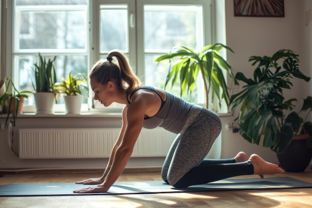 Photo de profil d'une belle femme en forme, confiante et en forme, en tenue d'athlète grise, faisant des exercices d'alpiniste dans son appartement lumineux et spacieux avec un intérieur minimaliste confortable.