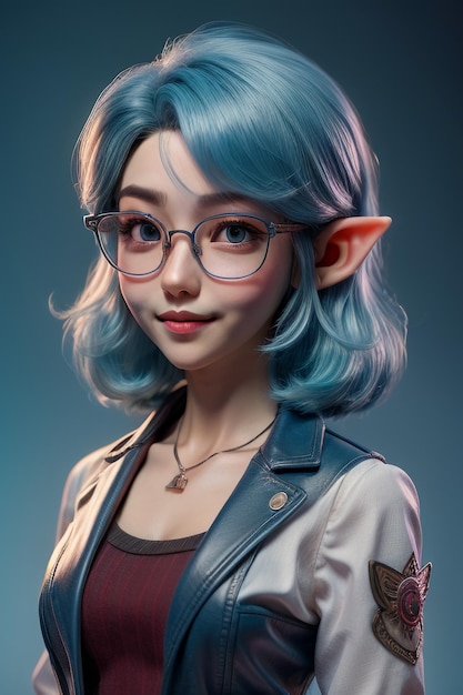 Photo de profil d'une belle jeune femme portant des lunettes, cheveux bleu clair, longues oreilles comme des elfes