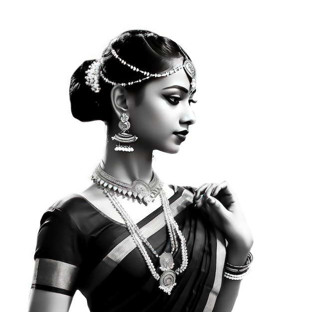 Photo de profil Bharatnatyam de Tamilian Lady avec un teint foncé et un fond blanc