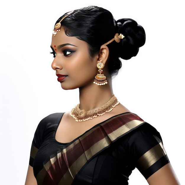 Photo de profil Bharatnatyam de Tamilian Lady avec un teint foncé et un fond blanc