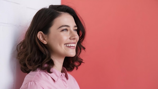 Photo de profil d'une brune souriante en chemise rose regardant à gauche avec une expression de visage heureuse et détendue