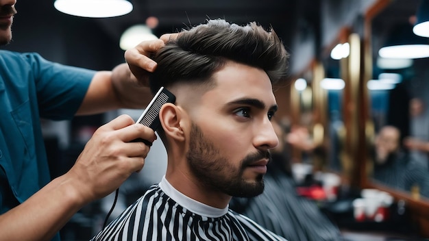 Photo photo de profil d'un jeune barbier qui se coupe les cheveux avec un rasoir électrique et un com