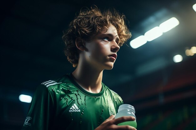 Une photo de profil d'un jeune footballeur portant une chemise verte