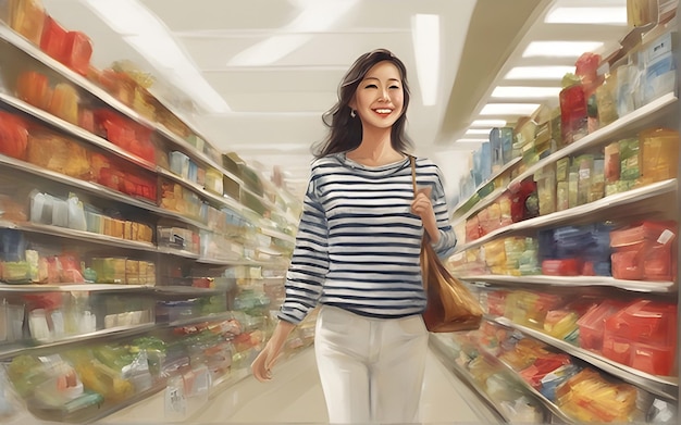 Une photo de profil en pleine longueur d'une jeune femme marchant avec un panier d'épicerie avec des produits alimentaires