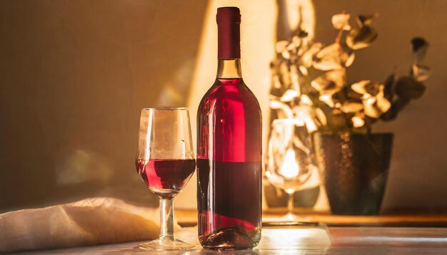 Photo promotionnelle d'une bouteille de vin en verre dans une lumière chaude avec du verre