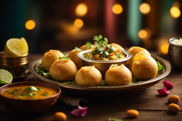 Photo promotionnelle d'une délicieuse nourriture indienne Bannière avec une belle assiette de riz, des épices et des bougies