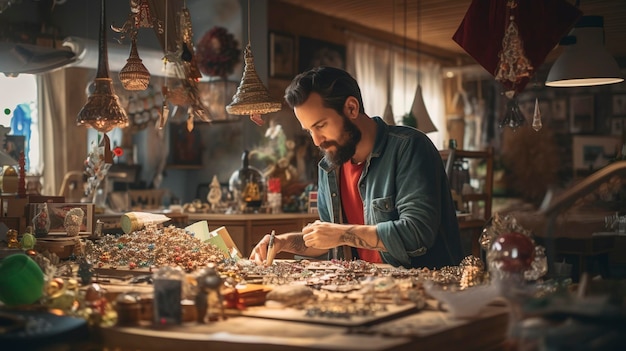 Une photo d'un propriétaire de magasin organisant des objets artisanaux