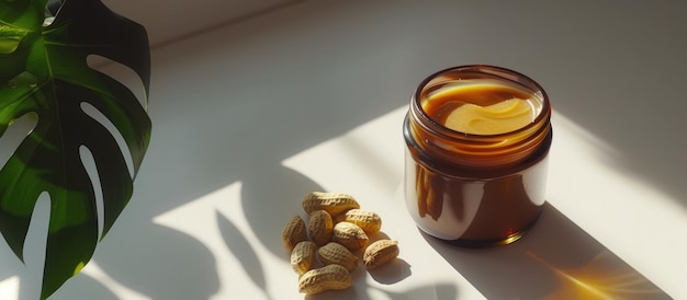 Photo publicitaire de beurre d'arachide génératif avec des arachides d'espace de copie