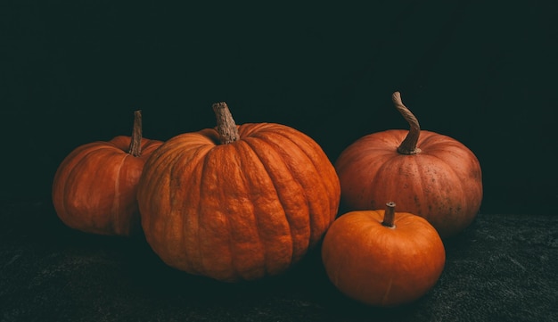 Photo de quatre citrouilles orange sur fond noir célébration d'halloween