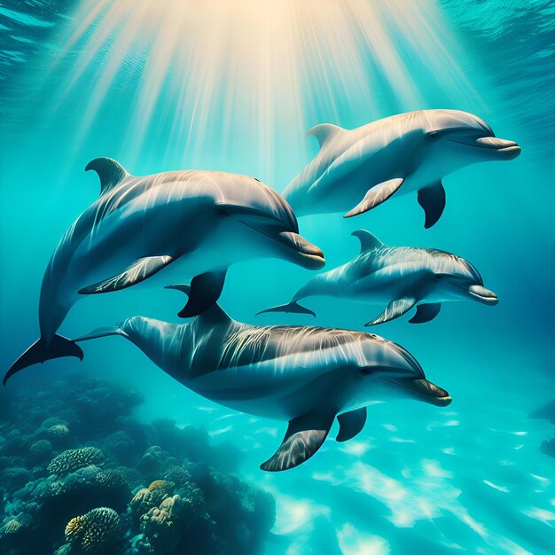 Photo une photo de quatre dauphins nageant gracieusement dans des eaux brillantes