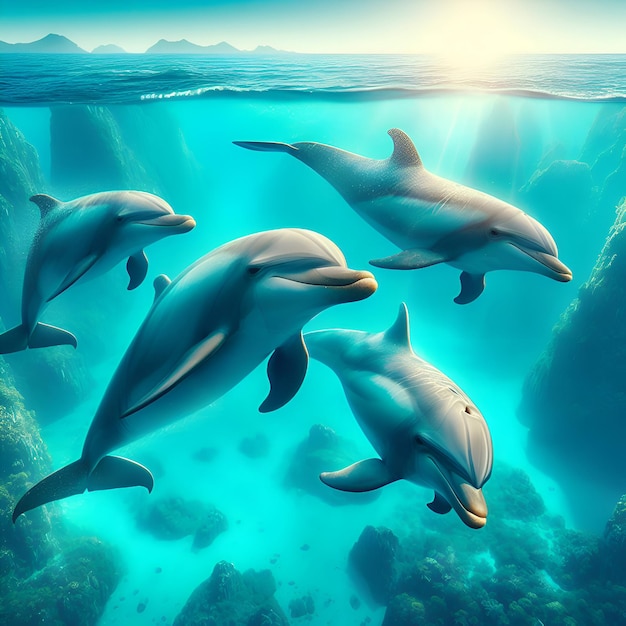 Photo une photo de quatre dauphins nageant gracieusement dans des eaux brillantes