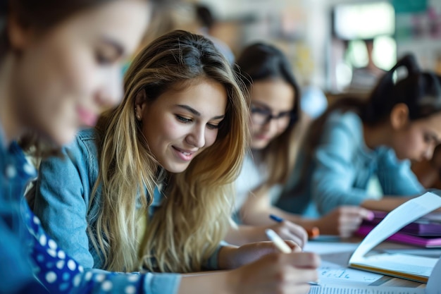 Une photo sur quatre jeunes étudiantes adultes qui apprennent dans une pièce lumineuse.