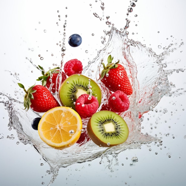 photo de quelques fruits frais entre les éclaboussures d'eau avec un fond blanc