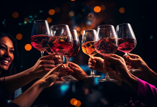 Photo de quelques mains tenant des verres à vin dans la nature du soir