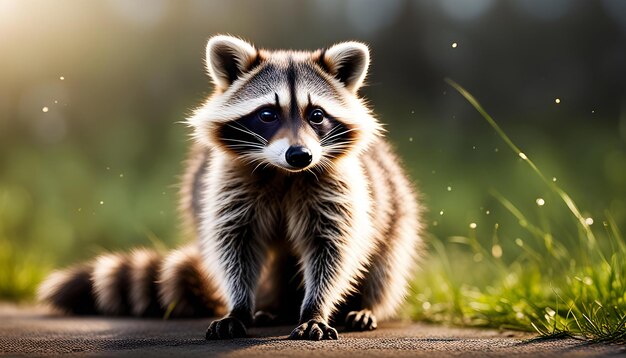 Une photo d'un raccoon charmant et intéressant confiné sur une fondation blanche