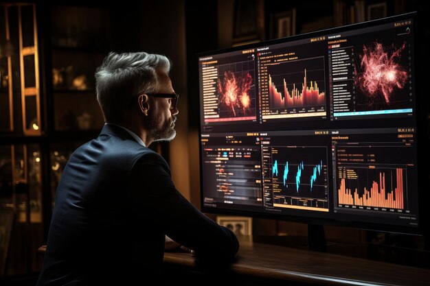 Photo d'un radiodiffuseur avec des tendances boursières Un homme d'affaires consulte le grand écran