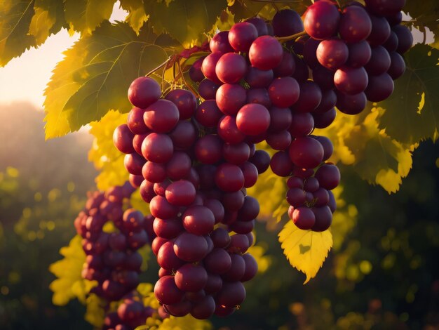 Photo d'un raisin rouge sur une vigne avec le soleil qui brille à travers les feuilles