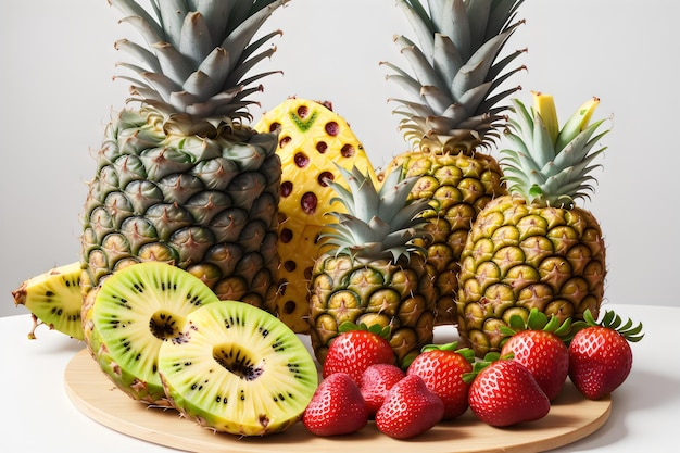 photo raisins fraises ananas kiwi abricot banane et ananas entier